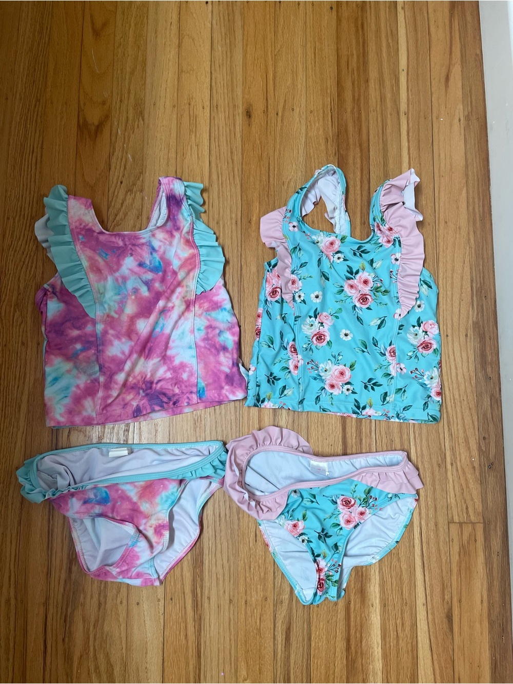 Girls' Two-Piece Ruffle Tankini Swim Bundle - Aqua Floral & Pink Tie-Dye